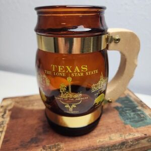 Vintage Siesta Ware TEXAS Mug, Brown Amber Glass w/ Yellow Writing‎ Wood Handle!